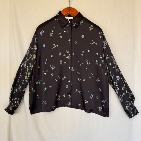 Vince Black Blue Scattered Floral Print 100% Silk Mother of Pearl Button Blouse - Picture 1 of 15